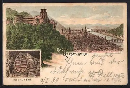 Lithographie Heidelberg, Panorama mit Schloss, Das grosse Fass