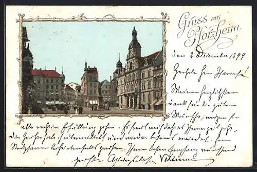 AK Pforzheim, Ortspartie mit Denkmal