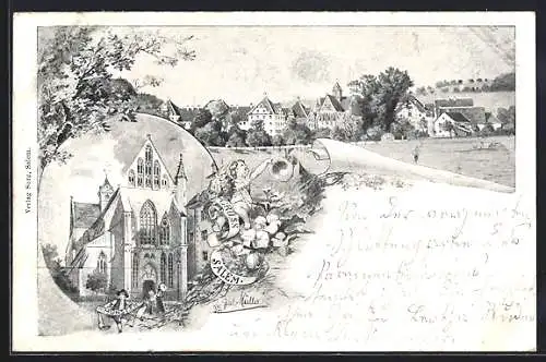 Lithographie Salem / Baden, Teilansicht, Münster