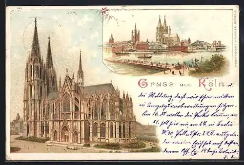 Lithographie Köln, Dom, Blick zur Stadt um 1900