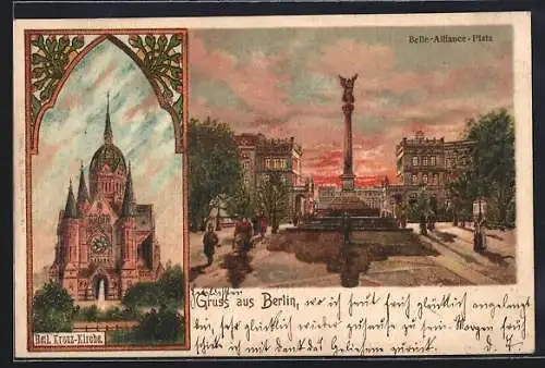 Lithographie Berlin-Kreuzberg, Heil. Kreuz-Kirche, Belle Alliance-Platz im Abendlicht