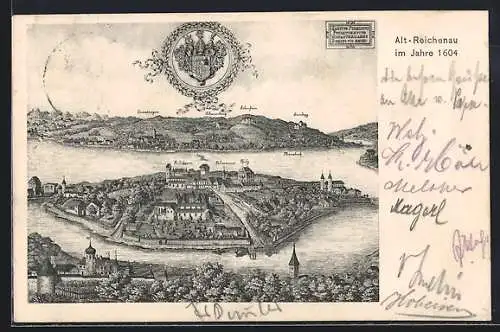 AK Alt-Reichenau / Baden, Totalansicht aus der Vogelschau im Jahre 1604