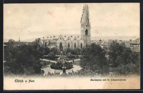 AK Ellrich a. Harz, Marktplatz mit St. Johanniskirche und Denkmälern aus der Vogelschau