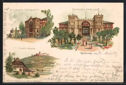 Lithographie Karlsruhe, Festhalle Nordportal, Südportal und Lauterberg