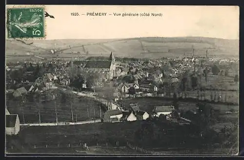 AK Prémery, Vue générale côté Nord avec église et paysage rural, 1935