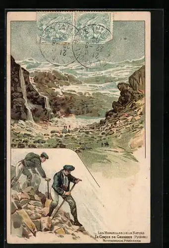 Lithographie Chocolat Lombart, Les Merveilles de la Nature, le Girque de Gavarnie, Bergsteigen