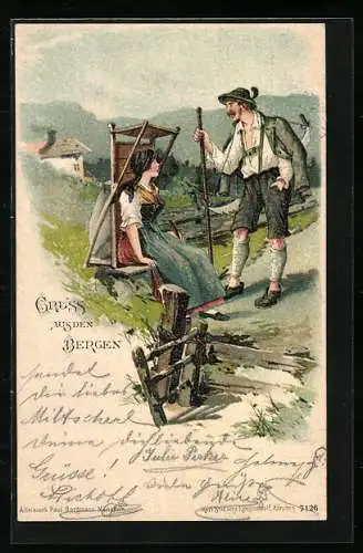 Lithographie Bergen, Bergsteiger trifft auf hübsche Maid