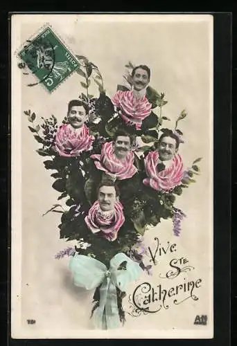 AK Fotomontage, Männer in einem Rosenstrauss, Vive Ste Catherine