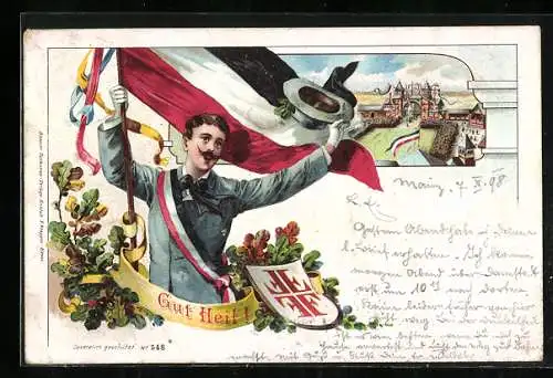 Lithographie Junger Mann mit Reichsflagge und Turnerwappen