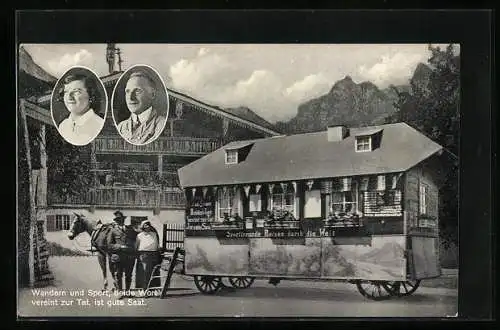 AK Expedition zweier Rheinländer mit dem Sport-Werbewagen, Weltreise ab 1928, Portrait mit Wagen vor Alpenhaus