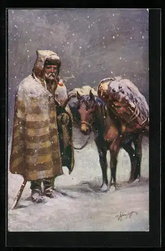 Künstler-AK Paysan vendeur de bois, bulgarischer alter Mann mit Pony im Schneesturm