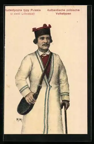 AK Authentische polnische Volkstypen, Pole im Mantel mit Tasche