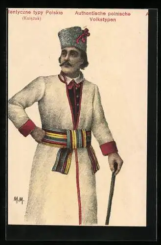 Künstler-AK Ksiezak, Authentische polnische Volkstypen, Mann im Mantel mit Stock