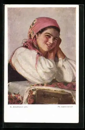 AK Junge Polin in Tracht mit Kopftuch