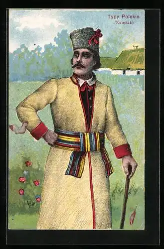Künstler-AK Ksiezak, Typy Polskie, Pole im Mantel mit Stock