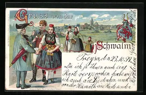 Lithographie Schwälmer Trachtenpaare beim Spaziergang, Wappen