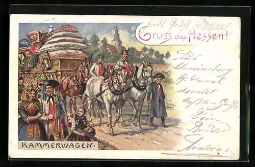 Lithographie Hessische Prozession mit Kammerwagen, Tracht