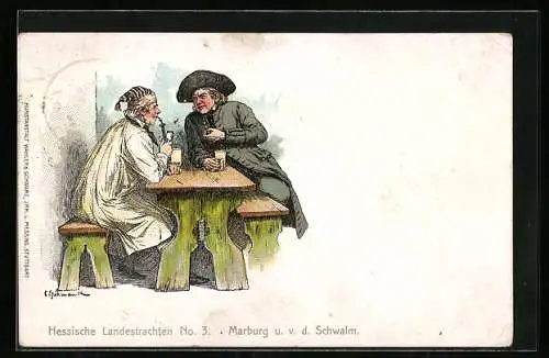 Lithographie Bürger in hessischer Tracht unterhalten sich