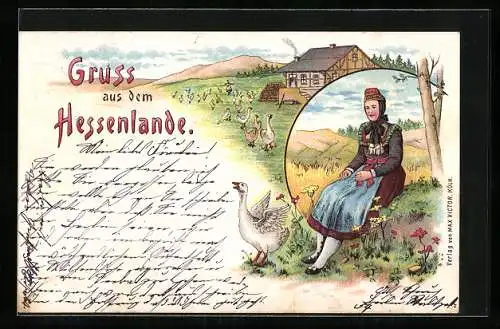 Lithographie Junge Frau in hessischer Tracht mit Gänsen am Bauernhof