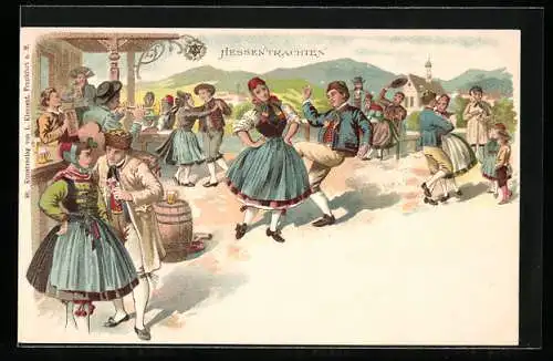 Lithographie Tanzende Menschen in hessischer Tracht