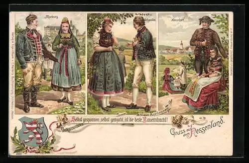 Lithographie Marburg, Schwalm, Nenndorf, Paare in hessischer Tracht