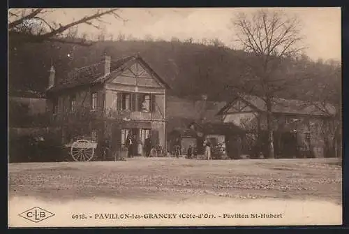 AK Pavillon-les-Grancey, Pavillon St-Hubert avec des personnes et une charrette