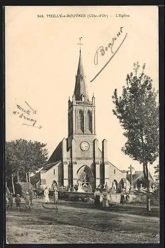 AK Meilly-sur-Rouvres, L`Église avec des gens devant