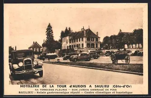 AK Saulieu, Hotellerie de la Tour d`Auxois avec terrasse fleurie et jardin ombragé de pins