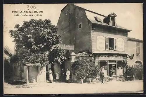 AK Fontaine-les-Dijon, Café Gerbeaux, 1915, avec des personnes devant le café