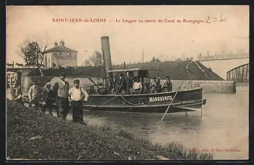 AK Saint-Jean-de-Losne, Le Linguet ou entrée du Canal de Bourgogne avec bateau à vapeur Marguerite