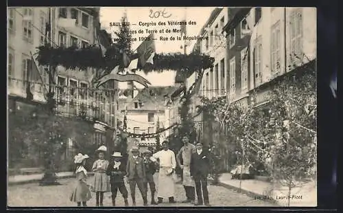 AK Saulieu, Congrès des Vétérans des Armées de Terre et de Mer 1906, Rue de la République