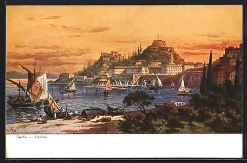 Künstler-AK F.Perlberg: Corfu-Corfou, Hafen, Segelschiffe