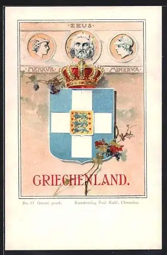 AK Griechenland, Wappen mit Löwen und Krone, Zeus, Merkur, Minerva