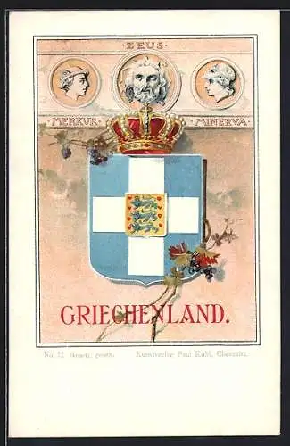 AK Griechenland, Wappen mit Löwen und Krone, Zeus, Merkur, Minerva