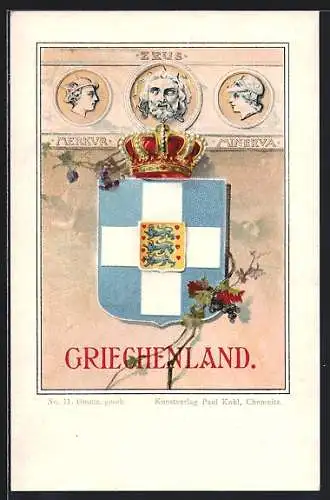 AK Griechenland, Wappen mit Löwen und Krone, Zeus, Merkur, Minerva