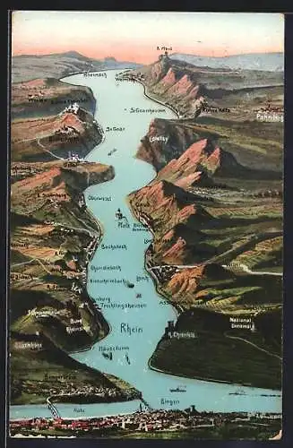 Künstler-AK Bingen / Rhein, Nahe und Rhein aus der Vogelschau