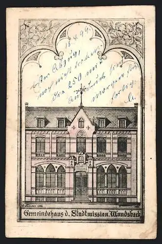 Lithographie Wandsbeck, Gemeindehaus der Stadtmission