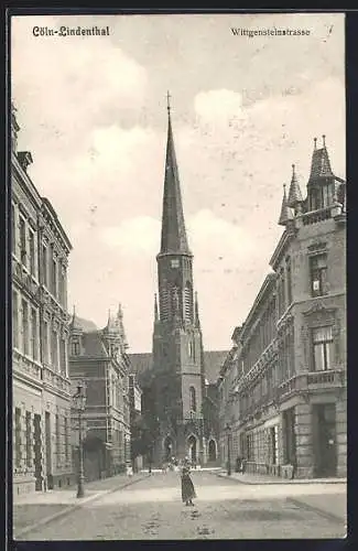 AK Köln-Lindenthal, Wittgensteinstrasse mit Kirche