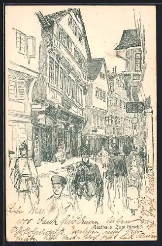 Lithographie Stuttgart, Strassenpartie mit Geschäften