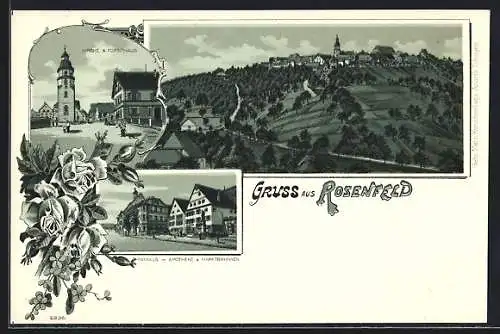 Lithographie Rosenfeld / Württ., Rathaus mit Apotheke, Kirche und Forsthaus