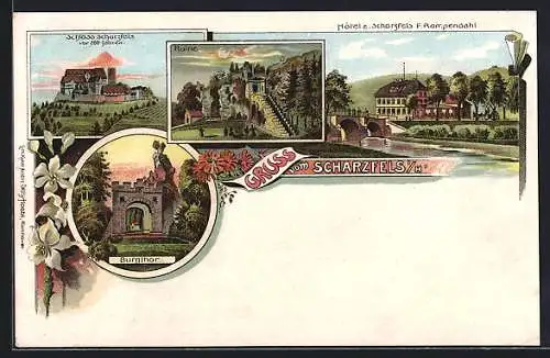 Lithographie Scharzfels i. H., Hotel zum Scharzfels F. Rampendahl, Schloss, Burgthor