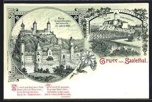 Lithographie Halle / Saale, Blick auf Burg Giebichenstein und Ruine Giebichenstein