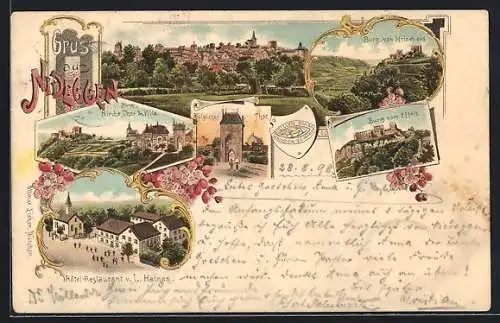 Lithographie Nideggen, Ortsansicht von oben, Hotel-Restaurant L. Heinen, Burg