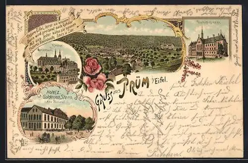 Lithographie Prüm i. Eifel, Hotel zum Goldenen Stern, Kirche und Gymnasium, Bischöfliches Konvikt