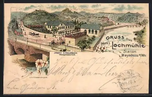 Lithographie Mayschoss a. Ahr, Hotel Lochmühle von S. Hallerbach