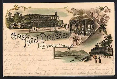 Lithographie Rüngsdorf, Hotel und Pension Dreesen, Aussen - und Innenansicht, Hotelgebäude am Rheinufer