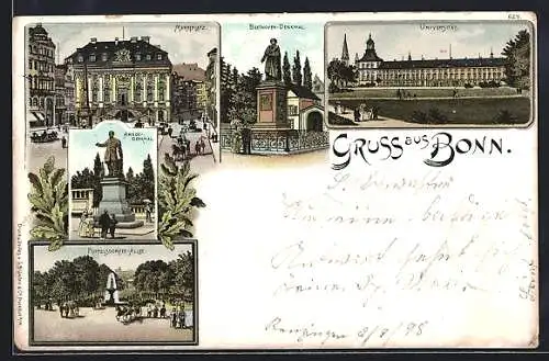 Lithographie Bonn, Marktplatz, Beethoven-Denkmal und Universität