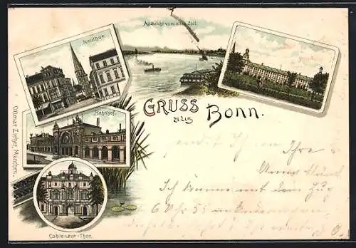 Lithographie Bonn, Neuthor, Aussicht vom alten Zoll, Bahnhof