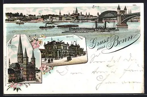 Lithographie Bonn, Panorama mit Rhein und Dampfern, Blick auf Bahnhof und Münster