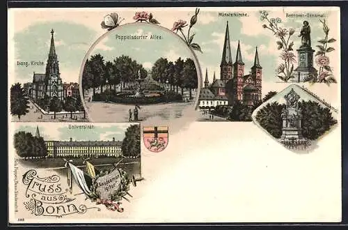 Lithographie Bonn, Poppelsdorfer Allee, Universität, Münsterkirche